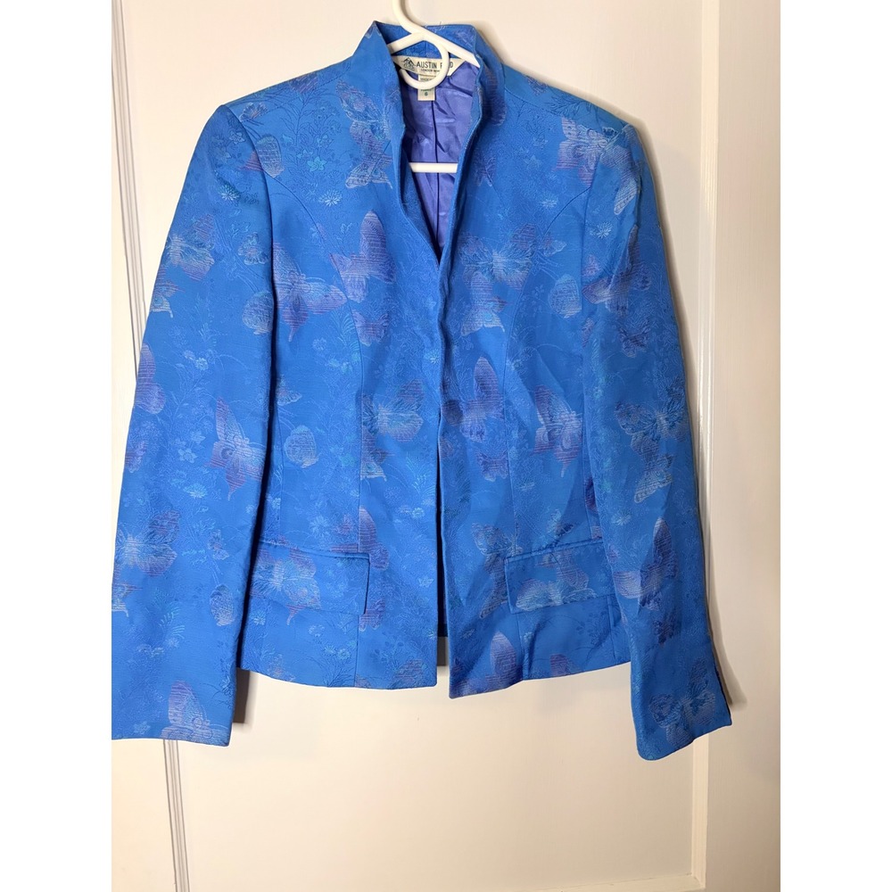 Austin Reed Blue Butterfly Jacquard Blazer Open Front Jacket Women Size 6